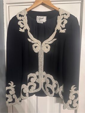 Vintage Pavé New York Silk Beaded Evening Jacket Black Silver Pearl Blazer 14